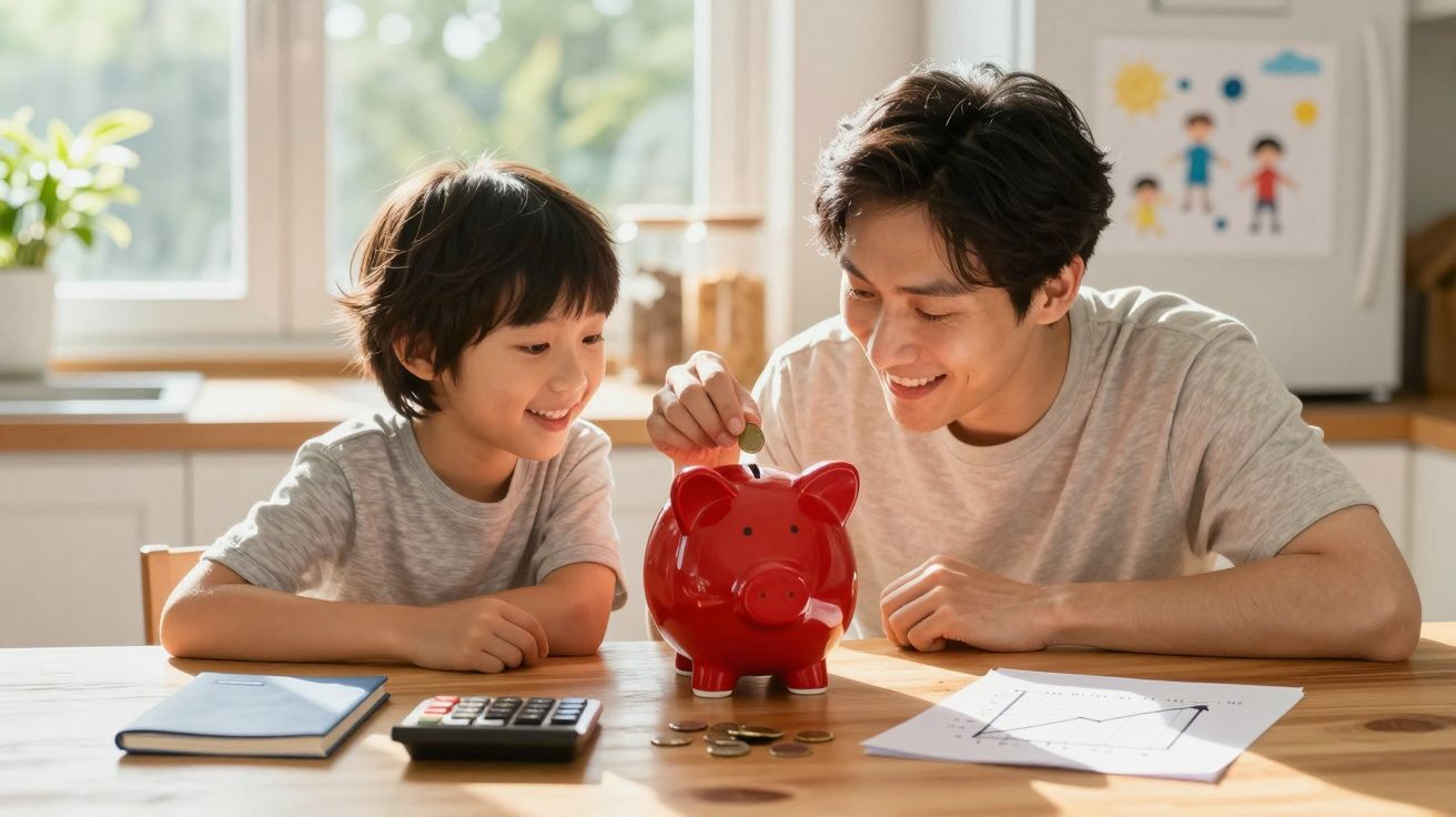 Pai e filho sorrindo enquanto colocam moeda em cofrinho vermelho na cozinha iluminada.