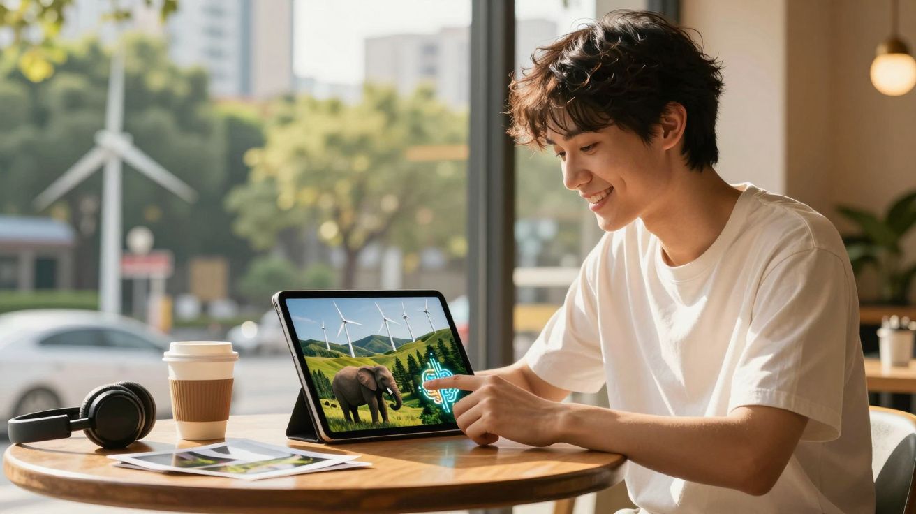 Jovem sorridente usando tablet com imagem de elefante e turbinas eólicas em mesa de café.