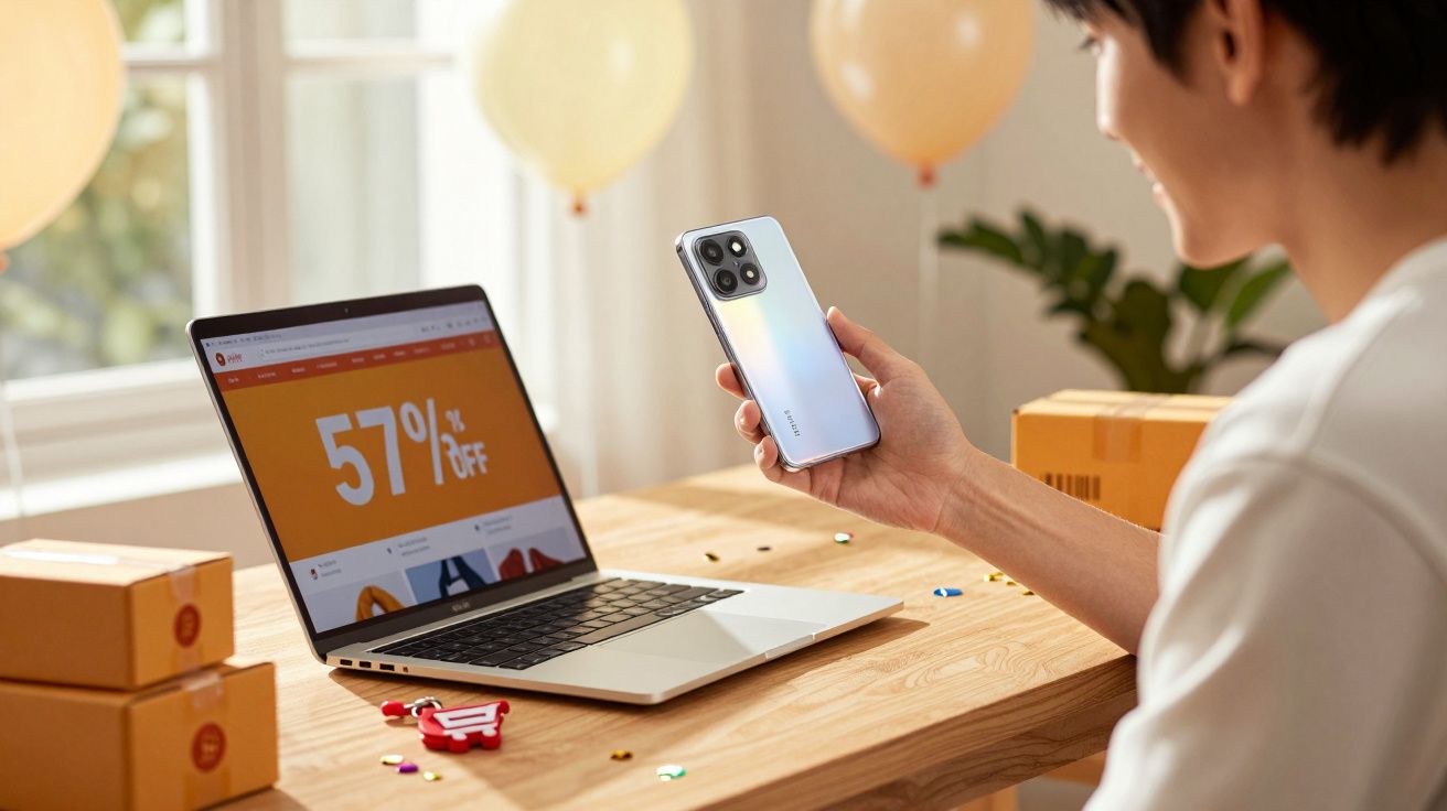 Pessoa segurando smartphone diante de laptop com desconto de 57% na tela em ambiente iluminado e decorado.