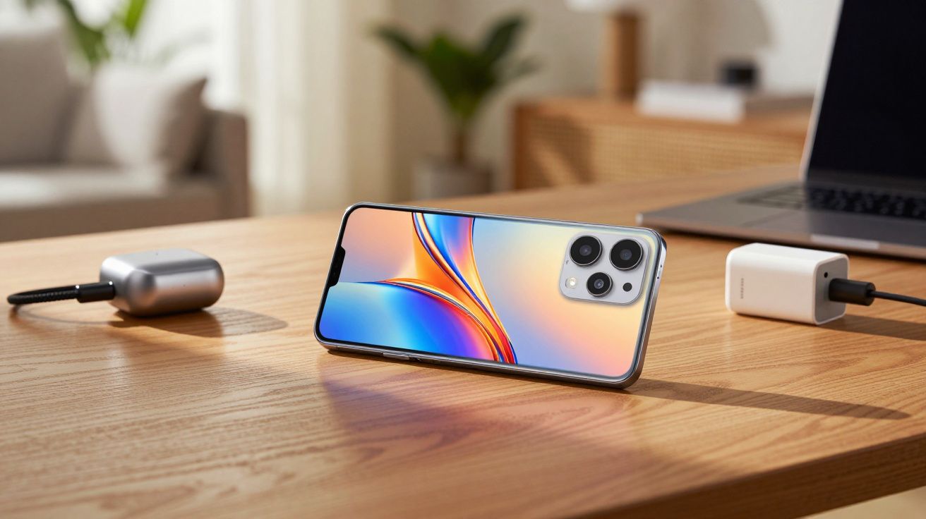 Smartphone moderno com tela colorida e três câmeras traseiras sobre mesa de madeira em ambiente interno.