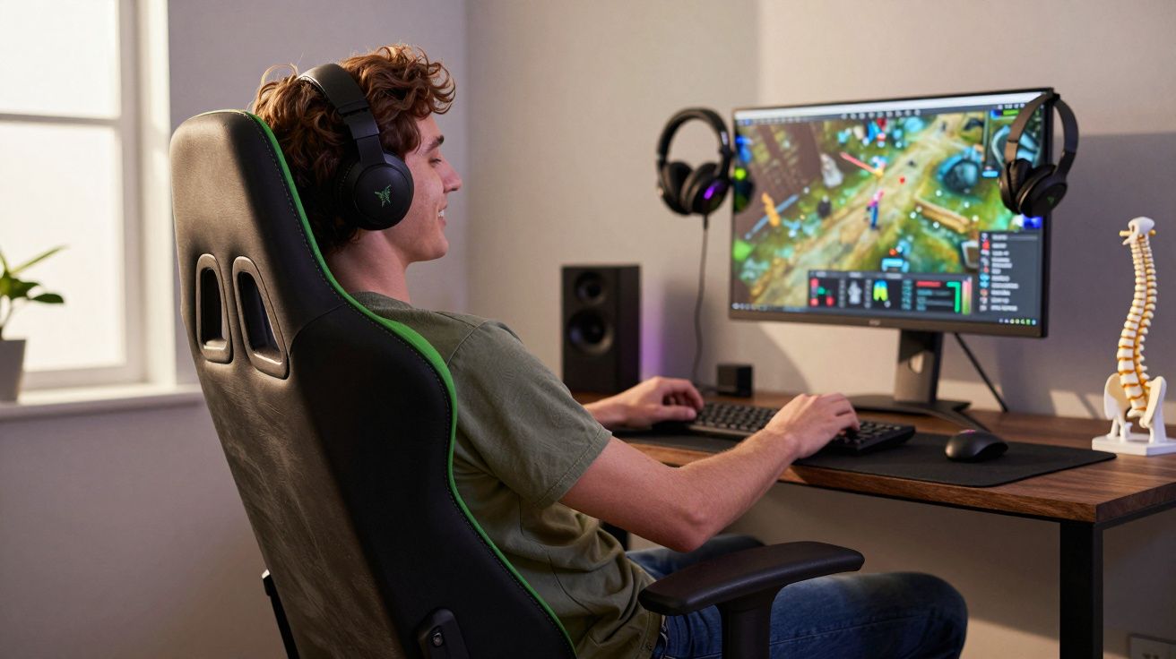 Jovem com fone de ouvido jogando videogame sentado em cadeira gamer em ambiente com janela e monitor ultrawide.