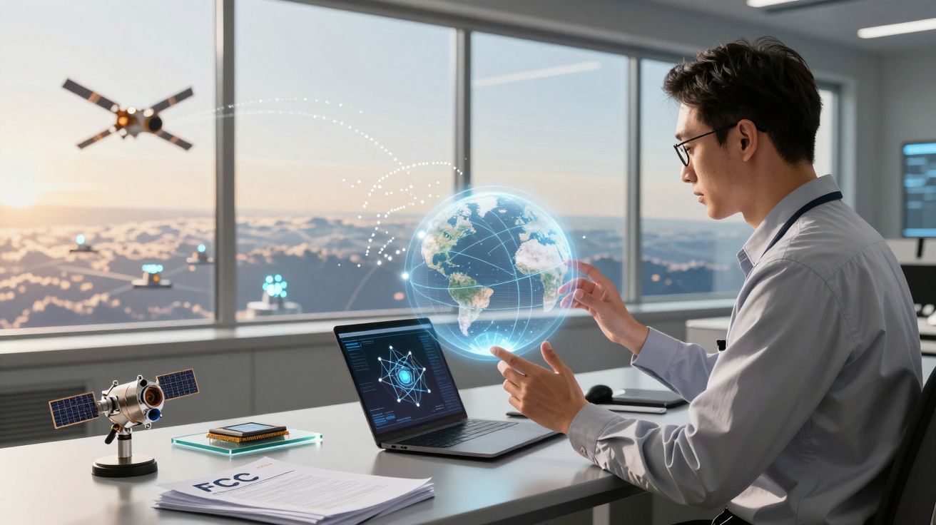 Homem usando holograma de globo terrestre em escritório moderno com laptop e satélites ao fundo.