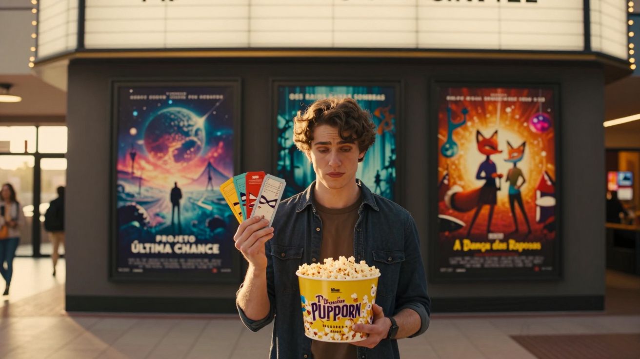 Jovem em frente a cinema segurando ingressos e balde grande de pipoca, com cartazes de filmes ao fundo.