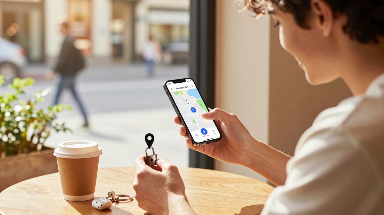 Pessoa segurando um celular com mapa aberto, consultando localização, ao lado de um café e chaveiro numa mesa.