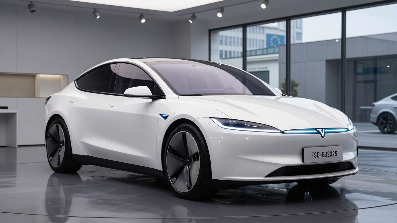 Carro elétrico esportivo branco parando em showroom moderno com janelas grandes e piso refletivo.