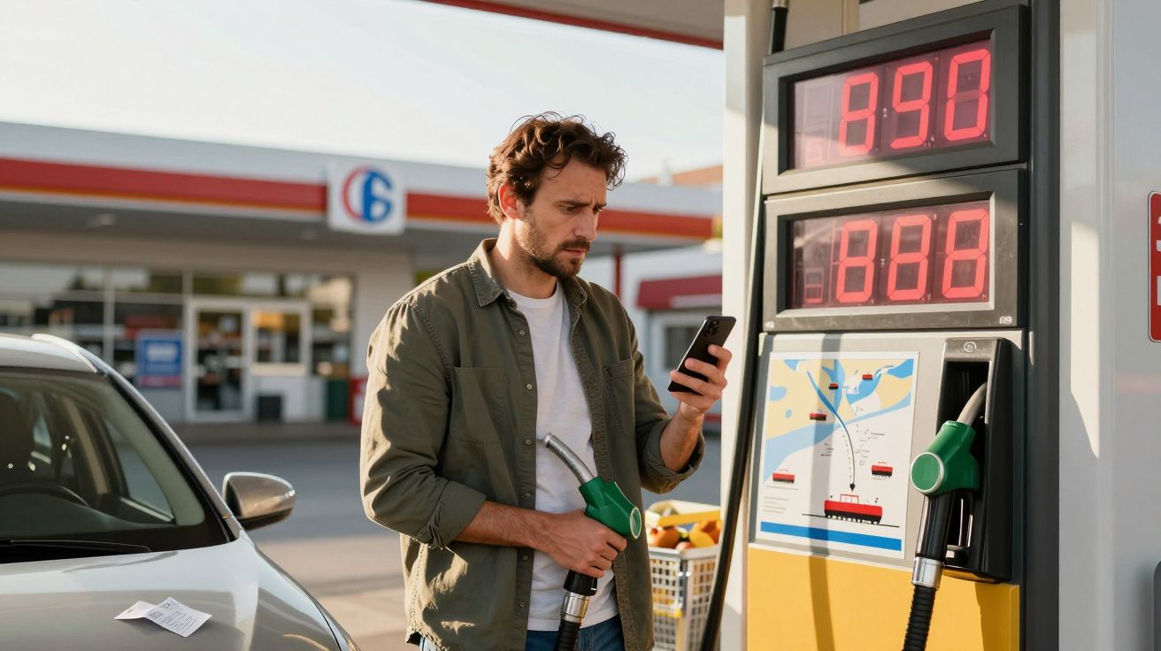 Homem em posto de gasolina segurando bomba de combustível e olhando para celular ao lado do carro.