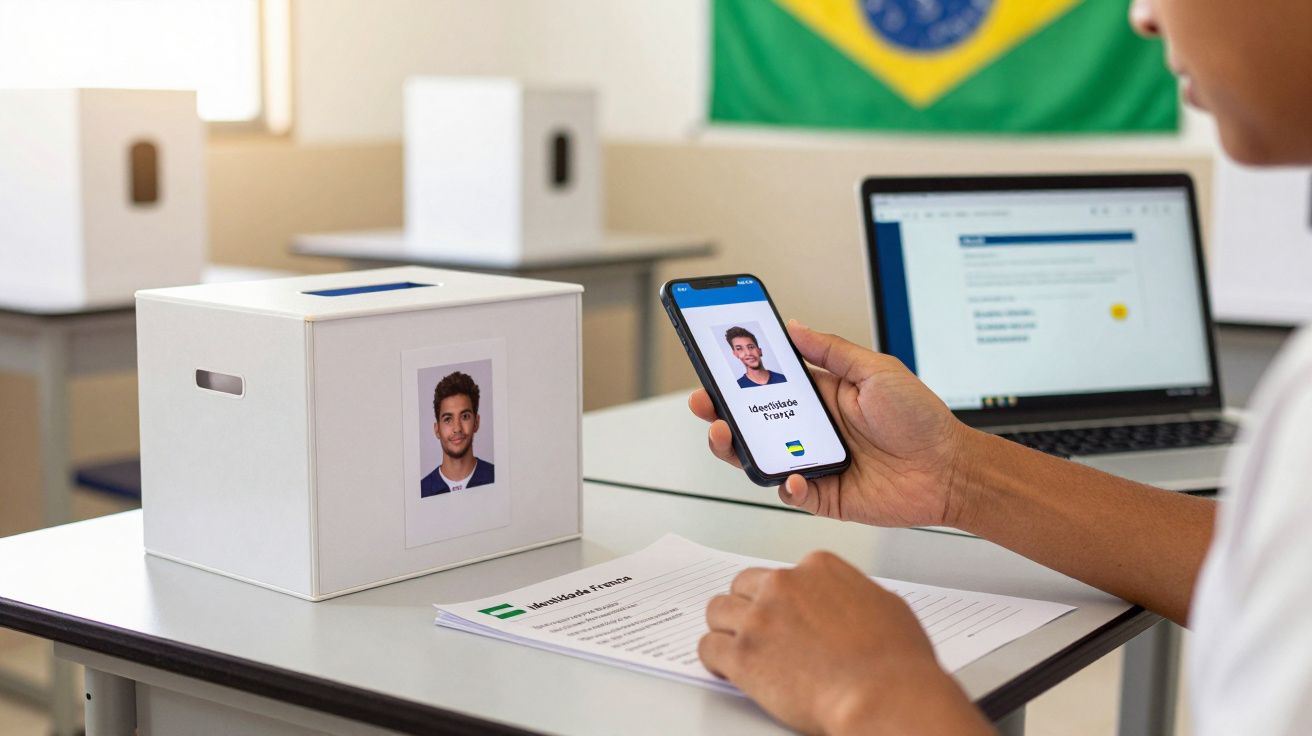 Pessoa usando celular para confirmar identidade em mesa com urna eleitoral e bandeira do Brasil ao fundo.