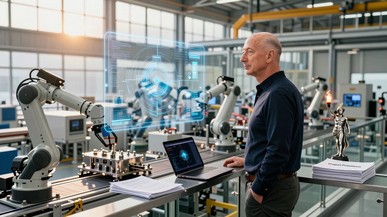 Homem observa braços robóticos automatizados em fábrica com tela holográfica e computador portátil.