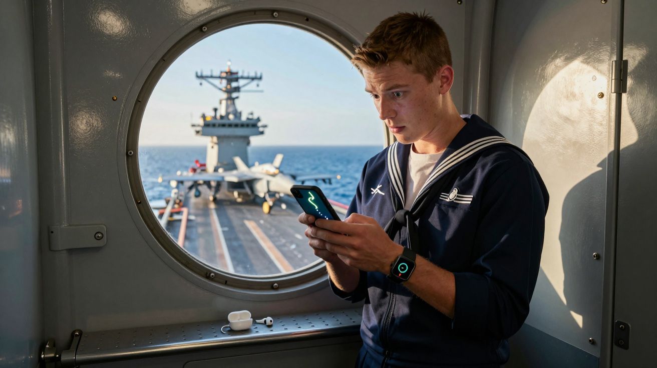 Marinheiro usando celular dentro de navio com porta-aviões visto pelo escotilhão circular ao fundo.