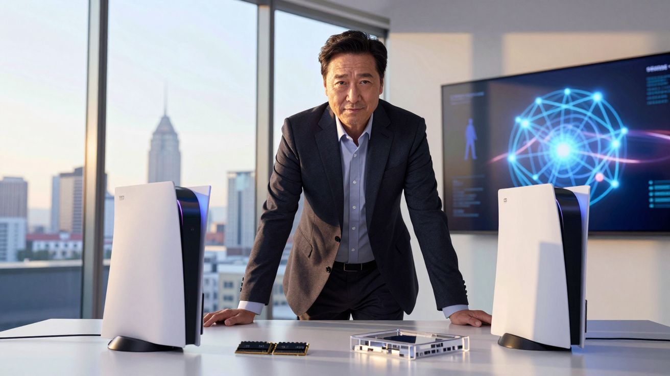 Homem em terno apoia as mãos em mesa com dois consoles PlayStation 5 em escritório moderno com vista da cidade.