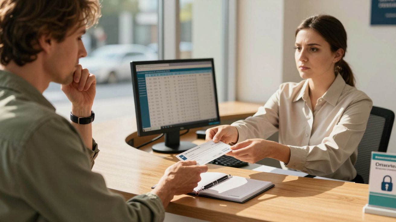 Mulher atendente entrega cheque a cliente sentado em banco com computador e agenda na mesa.