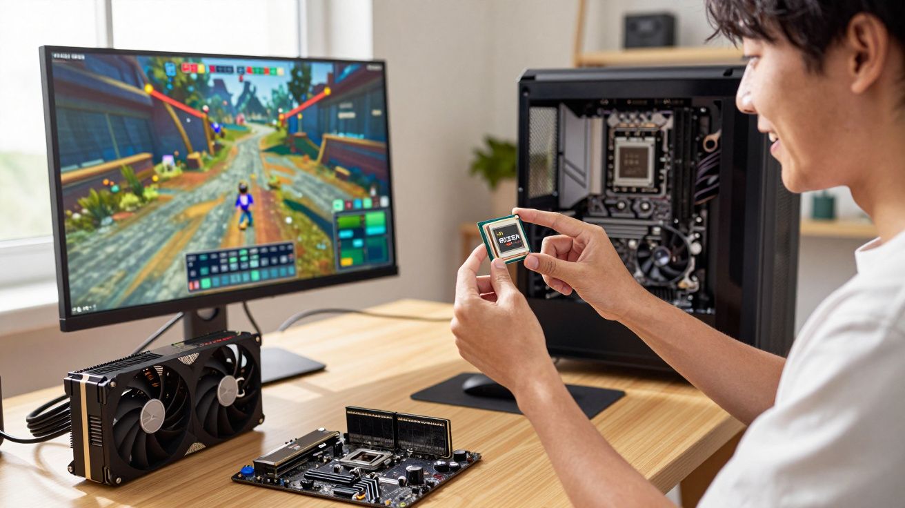 Pessoa segurando processador Ryzen perto de componentes de computador e monitor com jogo na tela.