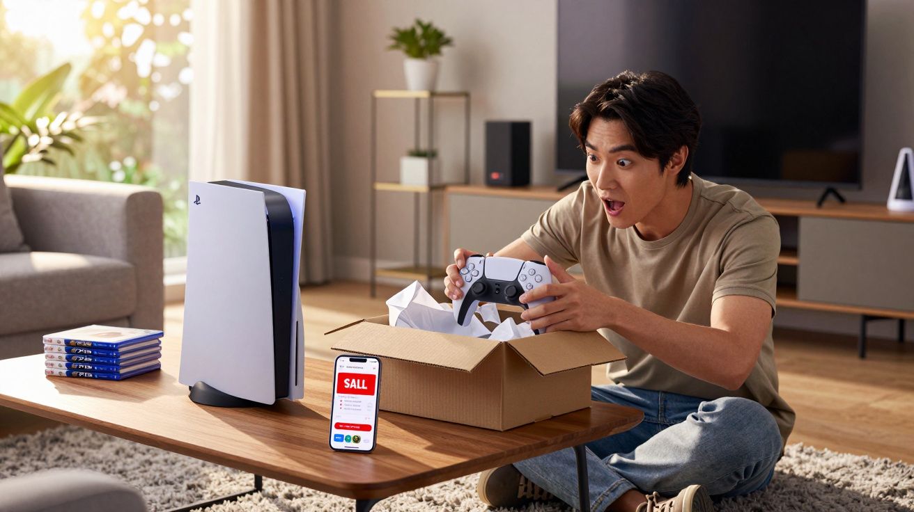 Jovem surpresa desembrulhando controle de videogame ao lado de console PlayStation 5 e celular com promoção.