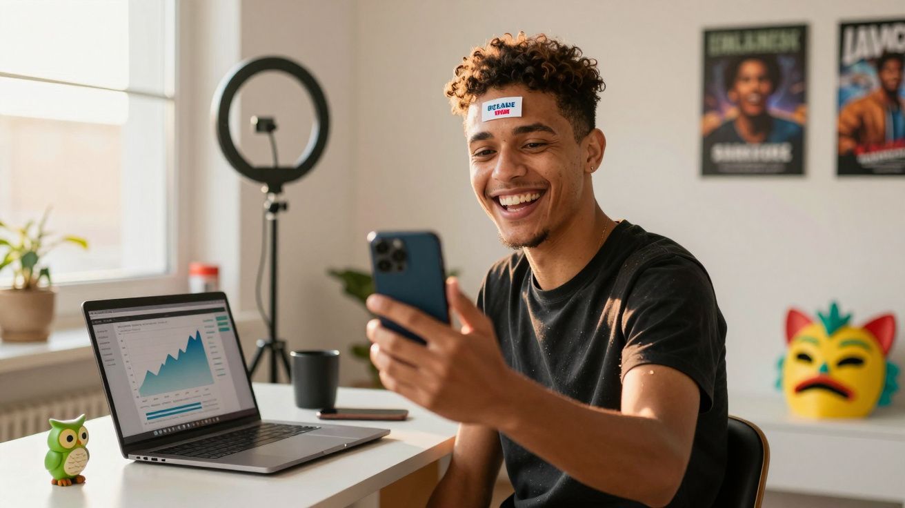 Jovem sorrindo enquanto faz vídeo chamada com smartphone em mesa com notebook e decoração ao fundo.