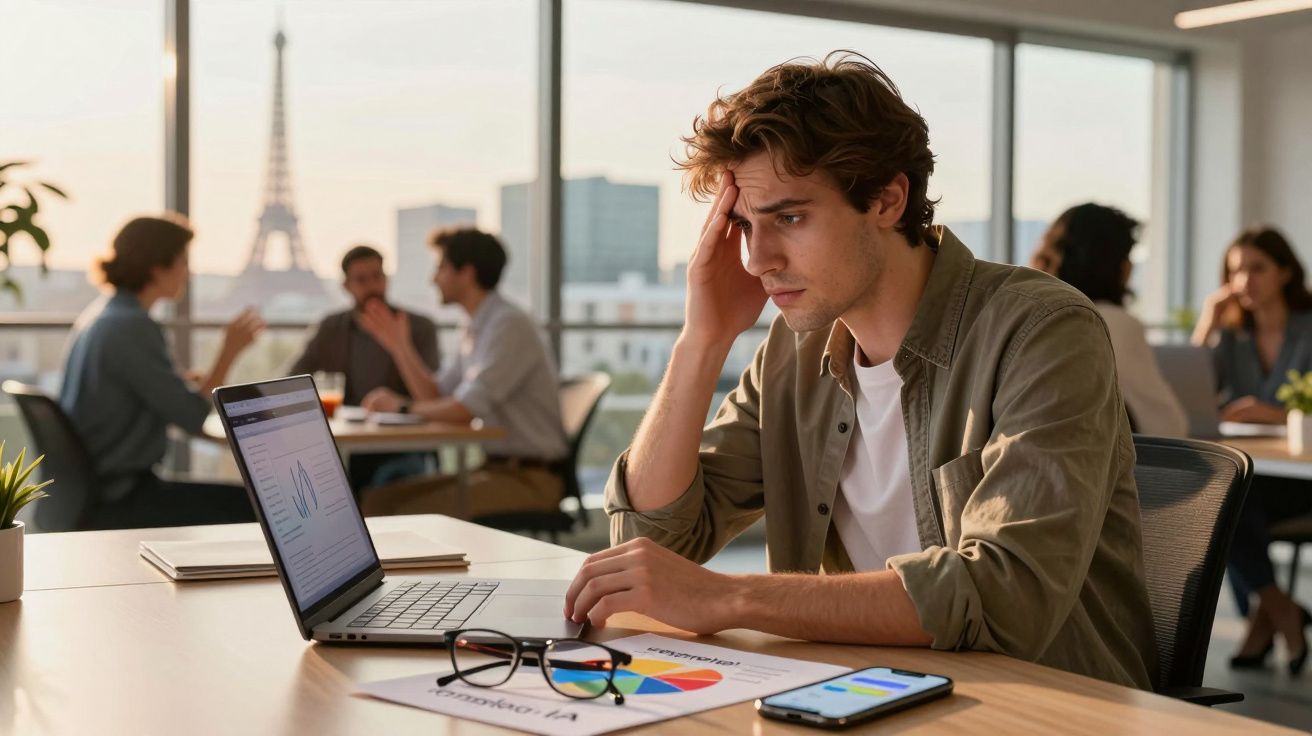 Jovem preocupado olhando para laptop em escritório com vista da Torre Eiffel ao fundo.
