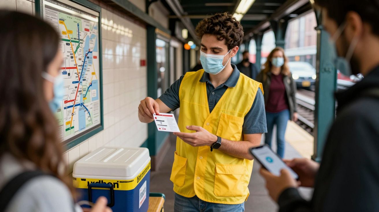 Homem com colete amarelo e máscara mostrando cartão para pessoas em estação de metrô.