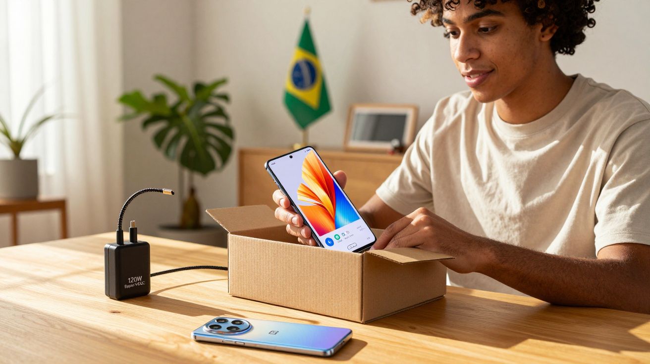 Pessoa desempacotando smartphone moderno com cabo de carregador e outro celular sobre mesa de madeira.