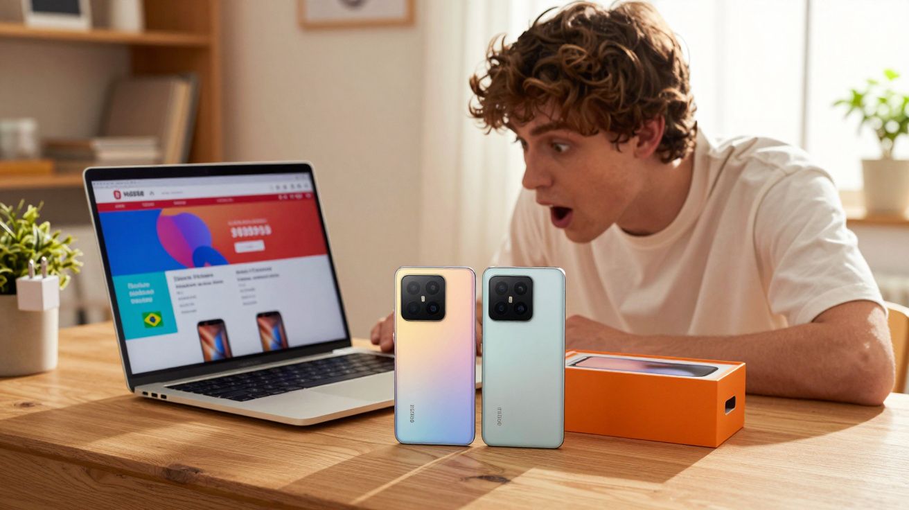 Jovem surpreso olhando para notebook com dois smartphones Xiaomi e caixa laranja sobre mesa de madeira.