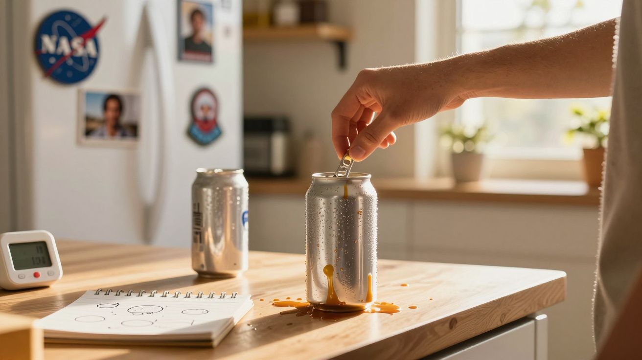 Mão abrindo lata de bebida que derrama líquido laranja sobre mesa de madeira em cozinha iluminada.