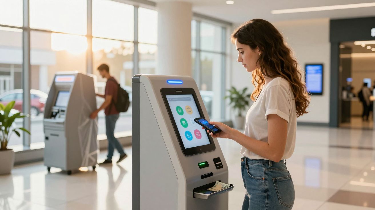 Jovem usando caixa eletrônico de autoatendimento com smartphone em ambiente moderno e iluminado.