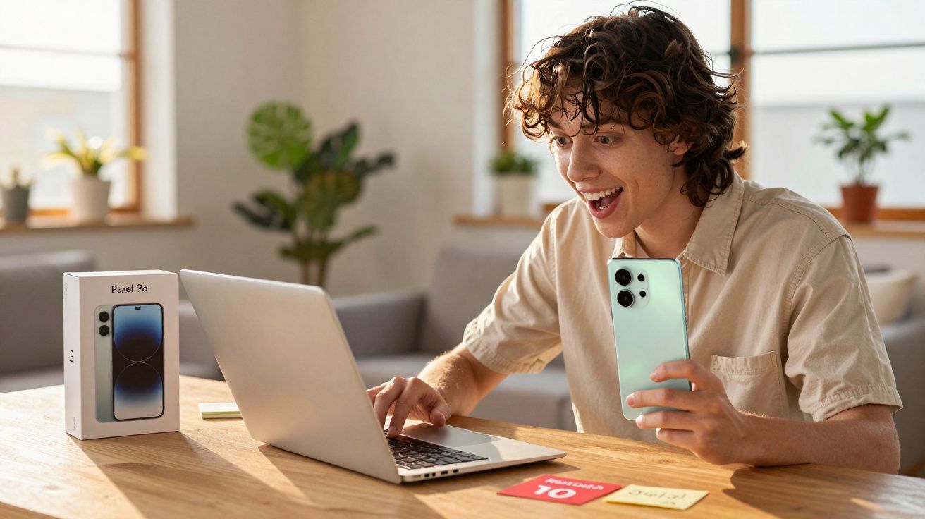 Jovem sorridente segurando smartphone Pixel 9a ao usar laptop em mesa com caixa do celular ao lado.