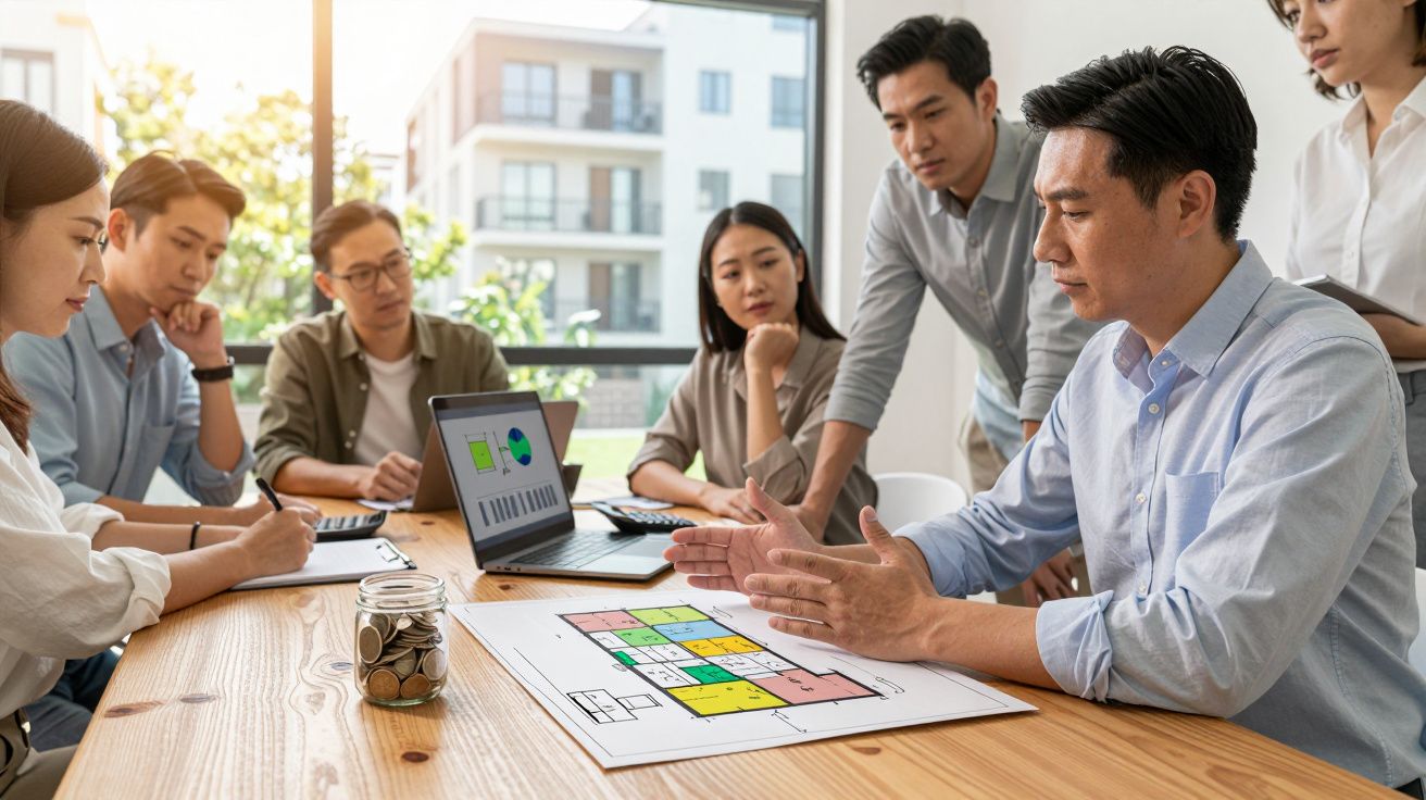 Equipe de seis pessoas discutindo planta baixa em reunião com laptop e pote de moedas sobre a mesa.