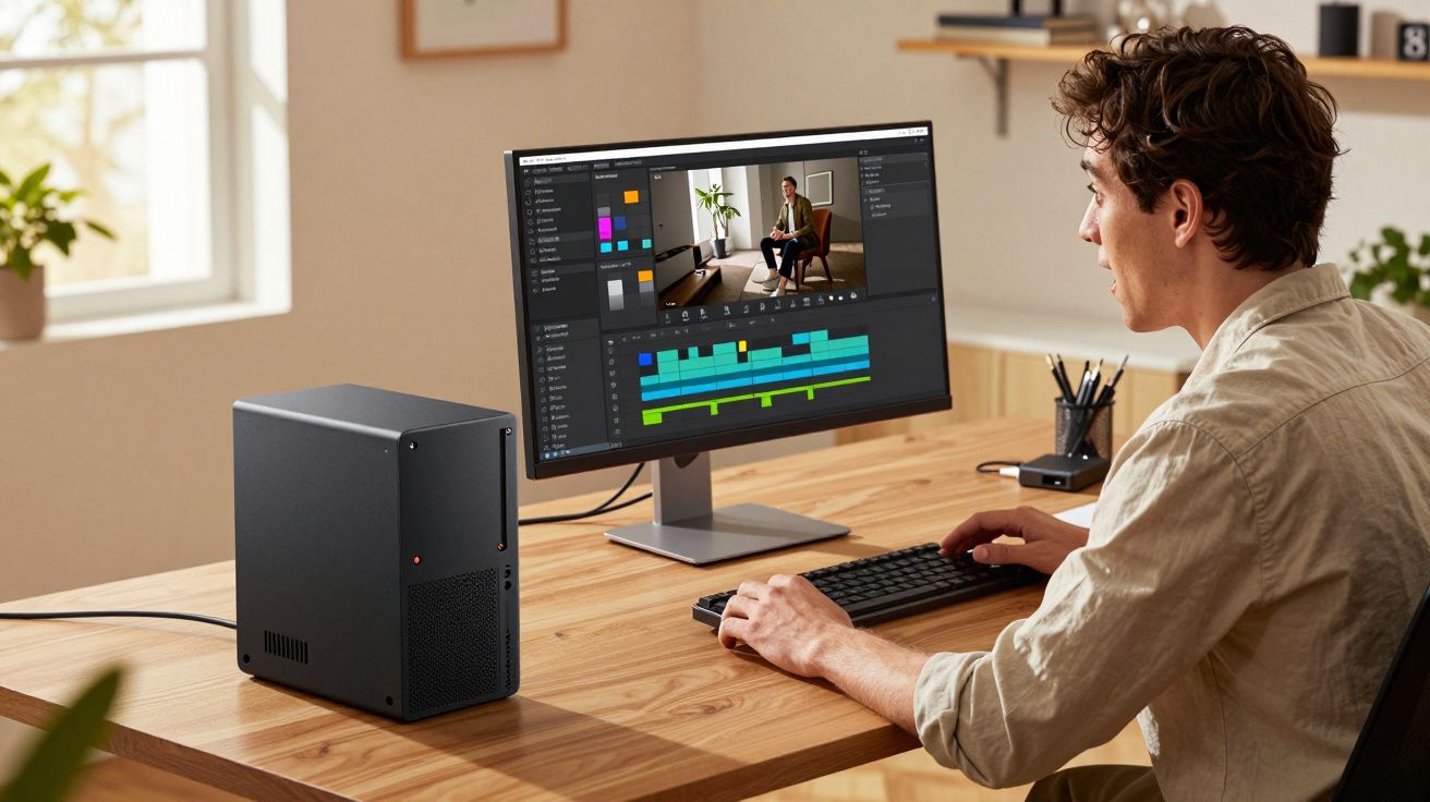 Homem editando vídeo em computador com setup moderno em mesa de madeira em ambiente iluminado.