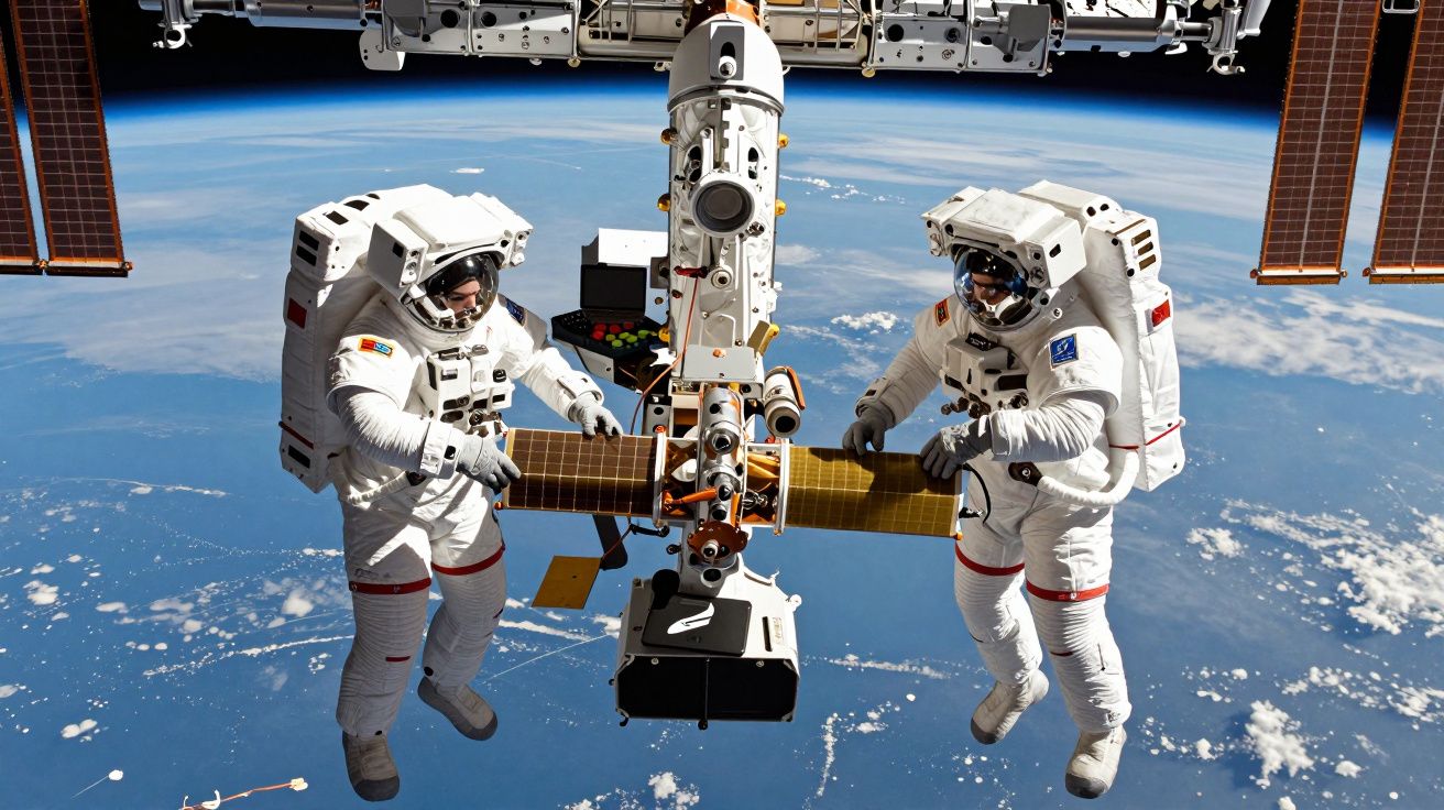 Dois astronautas em traje espacial realizando trabalho fora da estação espacial orbitando a Terra.