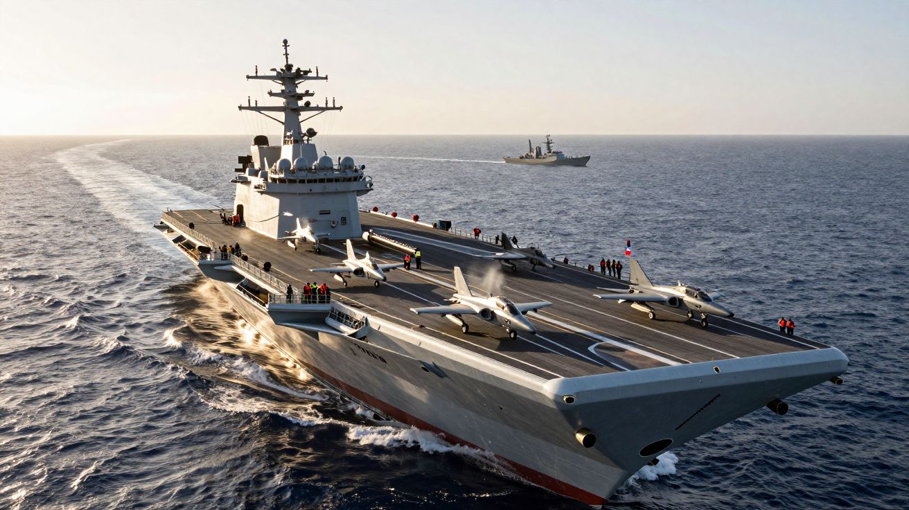 Porta-aviões navegando no mar com aviões decolando e tripulação a bordo sob céu claro.
