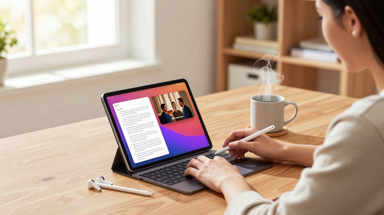 Pessoa usando tablet com teclado e caneta digital em mesa de madeira com xícara de café fumegante ao lado.
