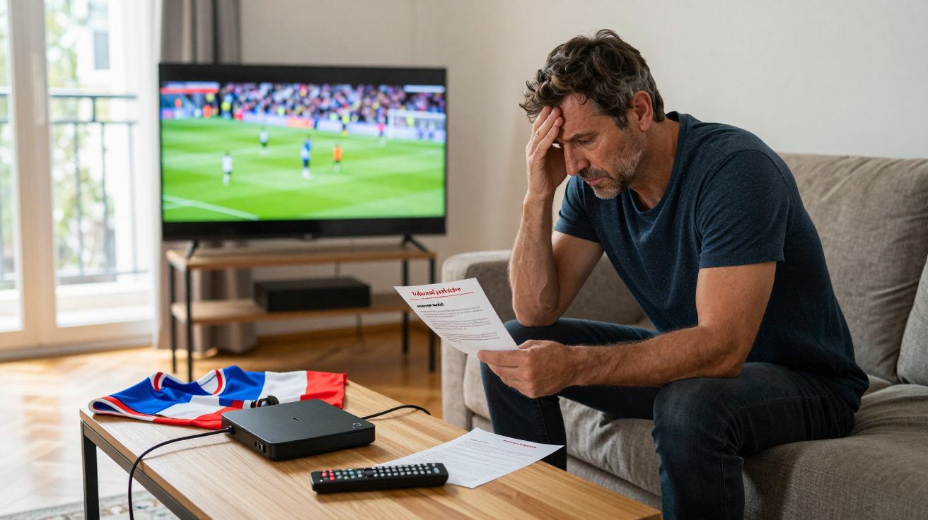 Homem preocupado sentado no sofá lendo conta, com jogo de futebol na TV ao fundo.