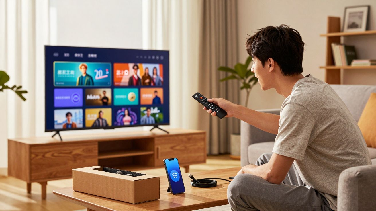 Homem sentado no sofá controlando a smart TV com controle remoto em sala iluminada e moderna.