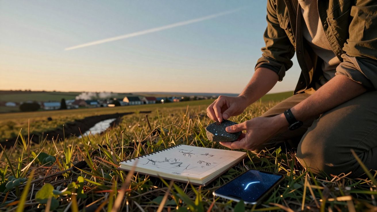 Pessoa desenhando constelações em caderno ao ar livre, com celular exibindo mapa estelar, ao entardecer.