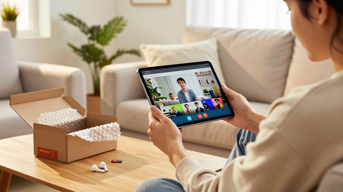 Pessoa participando de reunião virtual em tablet, sentada em sala com caixa e fones na mesa à frente.