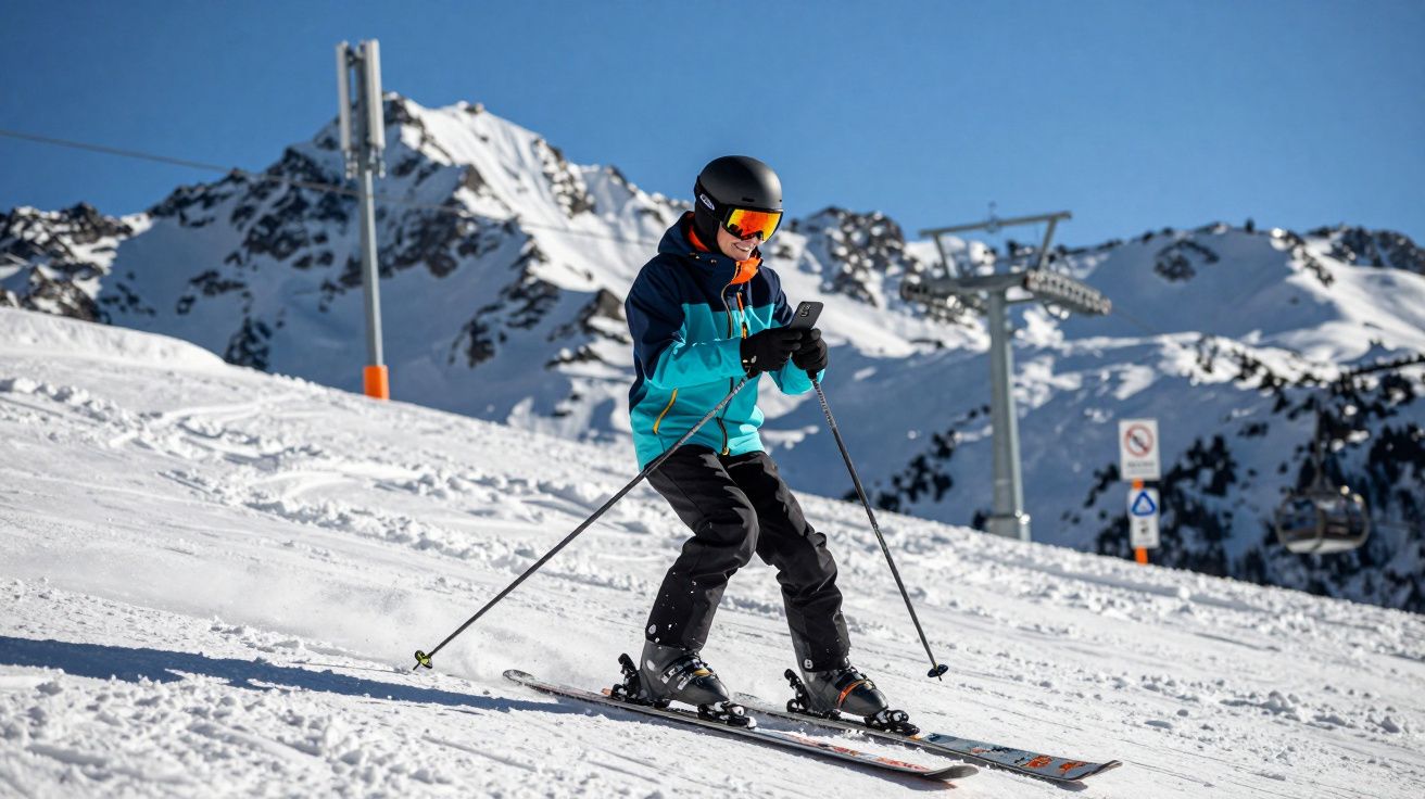 Pessoa esquiando na neve em montanha com capacete, óculos espelhados e segurando celular.