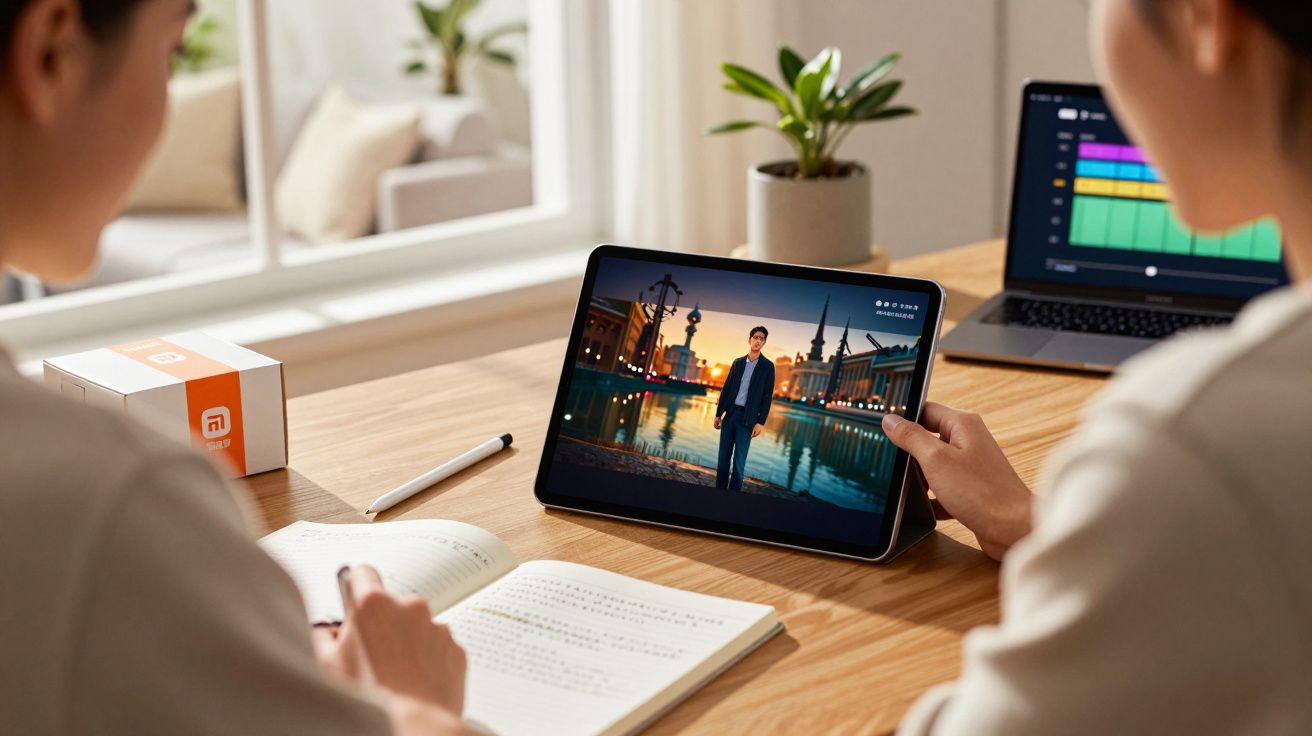 Duas pessoas assistindo vídeo em tablet enquanto uma delas faz anotações em caderno em mesa de madeira.