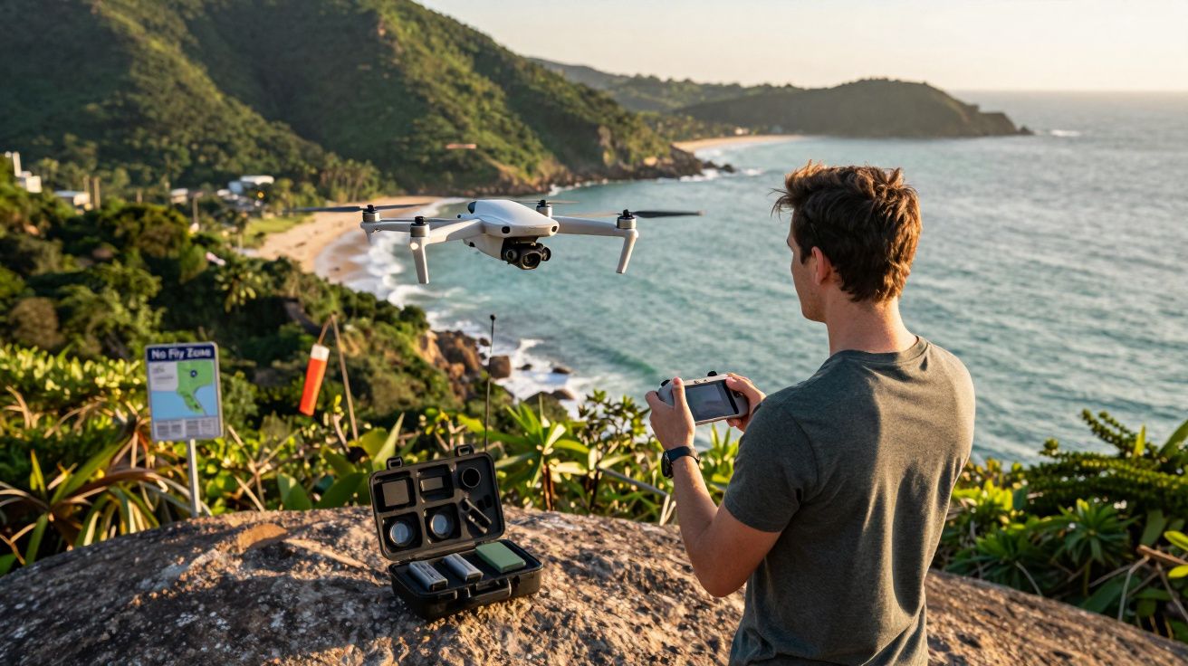 Homem controlando drone com controle remoto em área costeira com mar, praia e vegetação ao fundo.