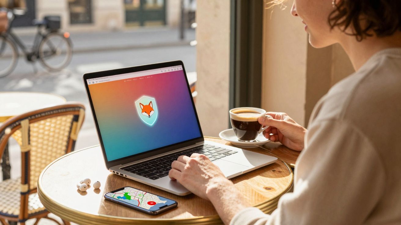 Pessoa tomando café e usando laptop com logo de raposa ao lado de celular sobre mesa redonda em café.