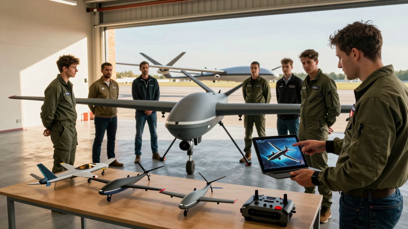 Homens em uniforme analisando drones de diferentes tamanhos dentro de um hangar com um drone grande ao fundo.