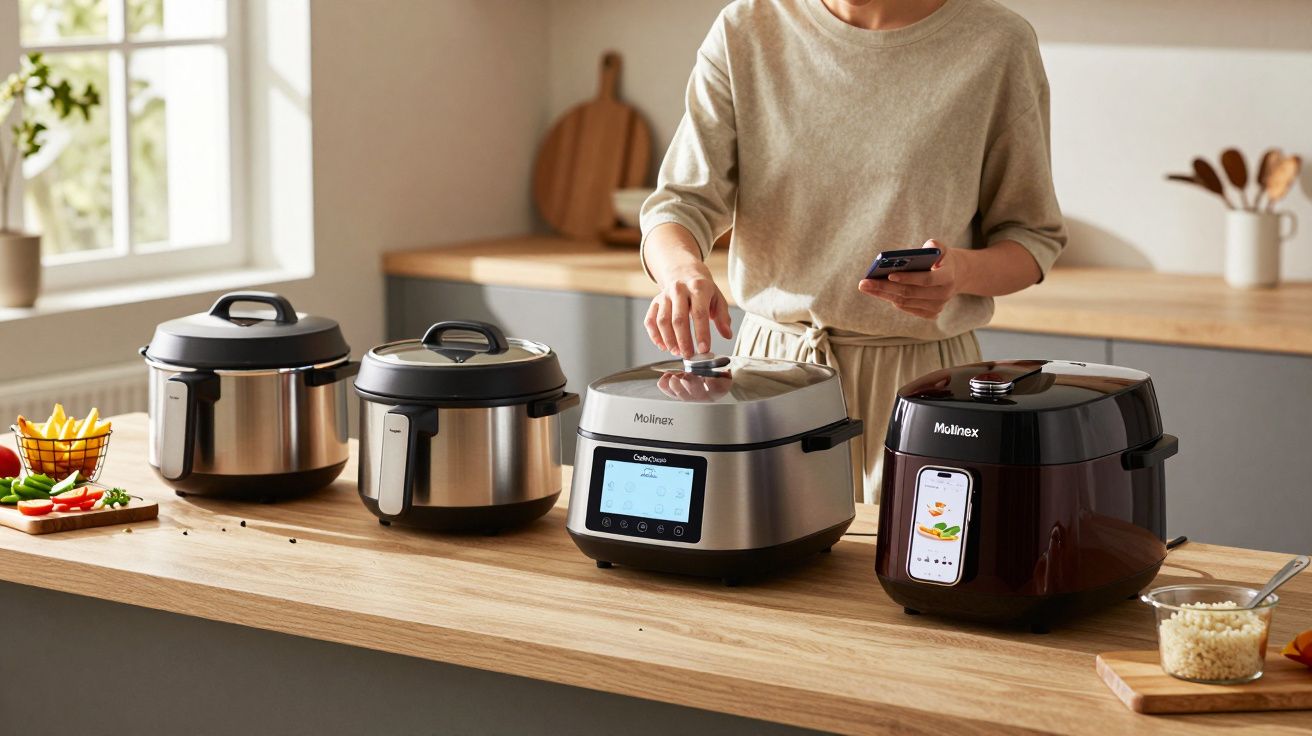 Pessoa usando smartphone ao lado de quatro panelas elétricas modernas em bancada de cozinha.