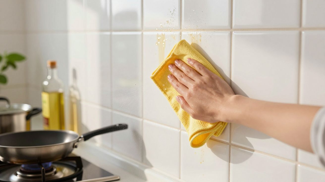Pessoa limpando azulejos da parede da cozinha com pano amarelo próximo ao fogão.