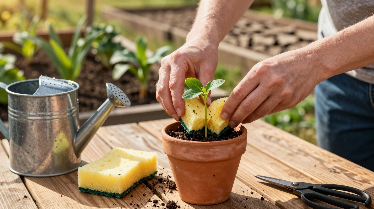 Pessoa limpando a planta jovem em vaso de barro com esponja em mesa de madeira.