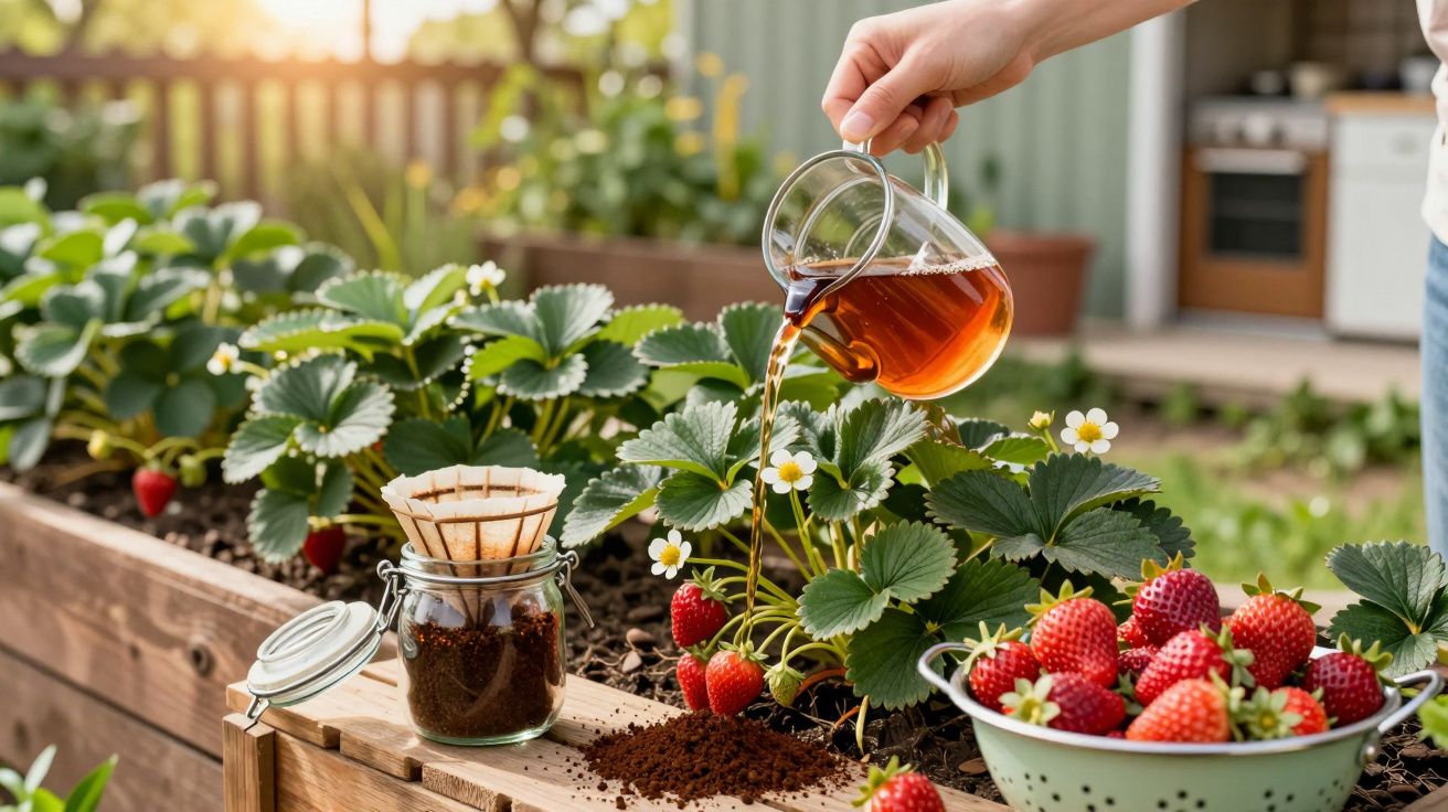 Pessoa regando morangos em vaso com chá, ao lado pote de café moído e tigela com morangos colhidos.