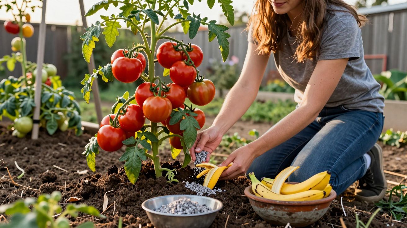 Mulher regando pé de tomate com fertilizante granulado em horta com bananas ao lado.