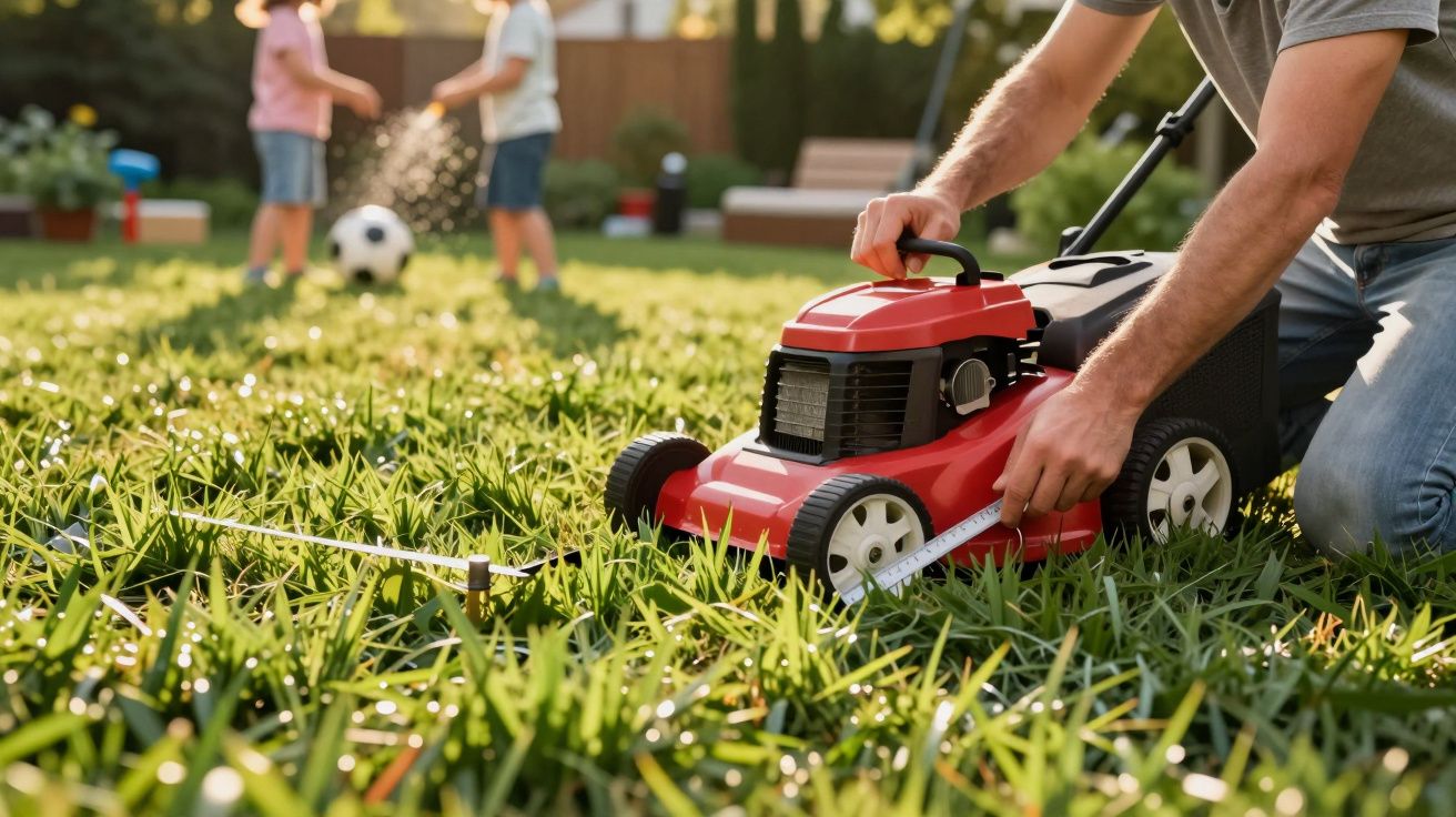 Pessoa ajustando cortador de grama em jardim com crianças brincando ao fundo.