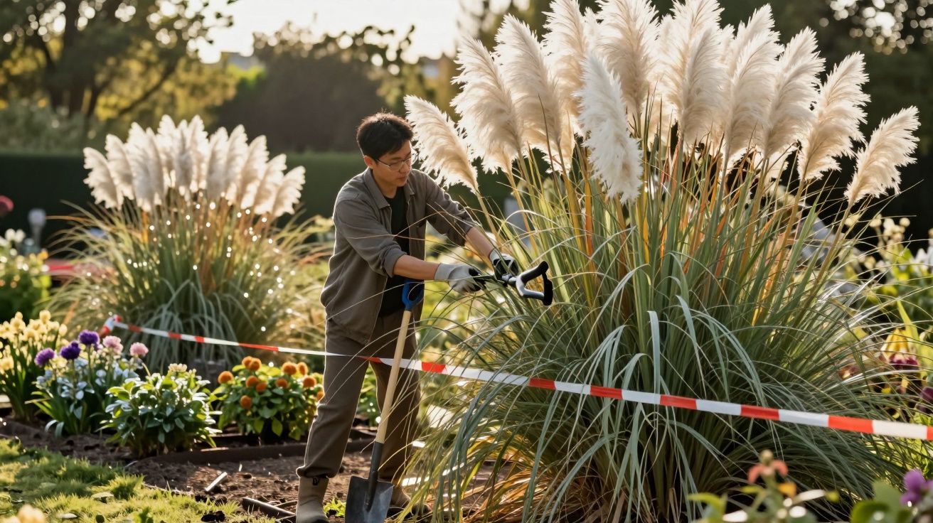 Jardineiro podando plantas altas com flores brancas em jardim florido durante o dia ensolarado.