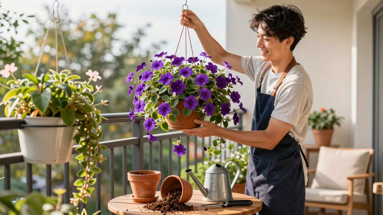 Jovem sorridente cuidando de planta com flores roxas pendurada na varanda ensolarada.