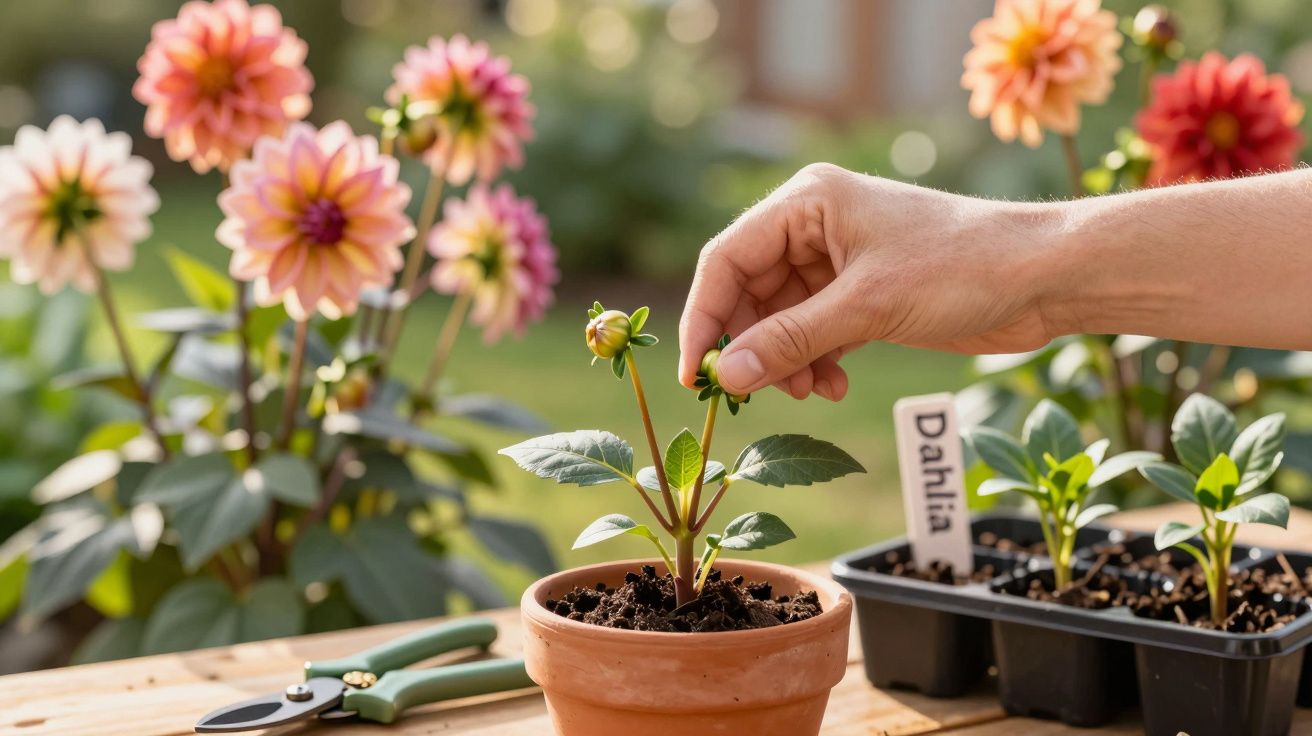 Mão cuidadosa podando muda de dália em vaso de barro, com flores coloridas e ferramenta de jardinagem.