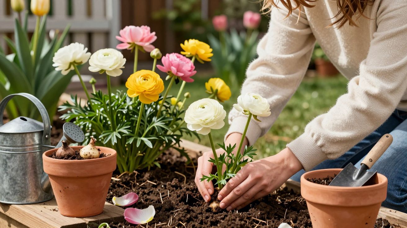Pessoa plantando flores coloridas em canteiro de madeira, com regador e vasos ao redor.