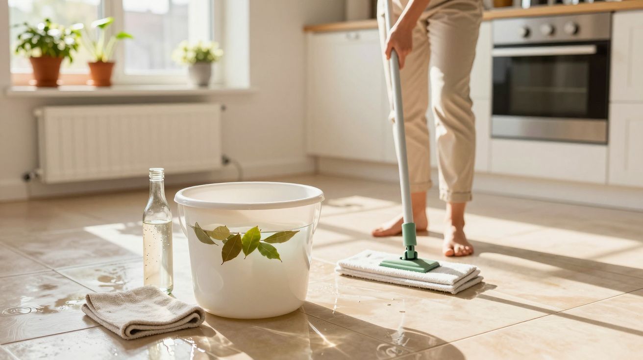 Pessoa limpando o chão da cozinha com esfregão e balde com água e folhas, ao lado pano e garrafa.